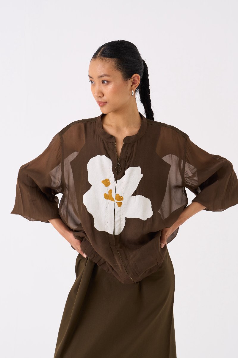 Floral Applique Bomber Jacket Hunter Green - Three