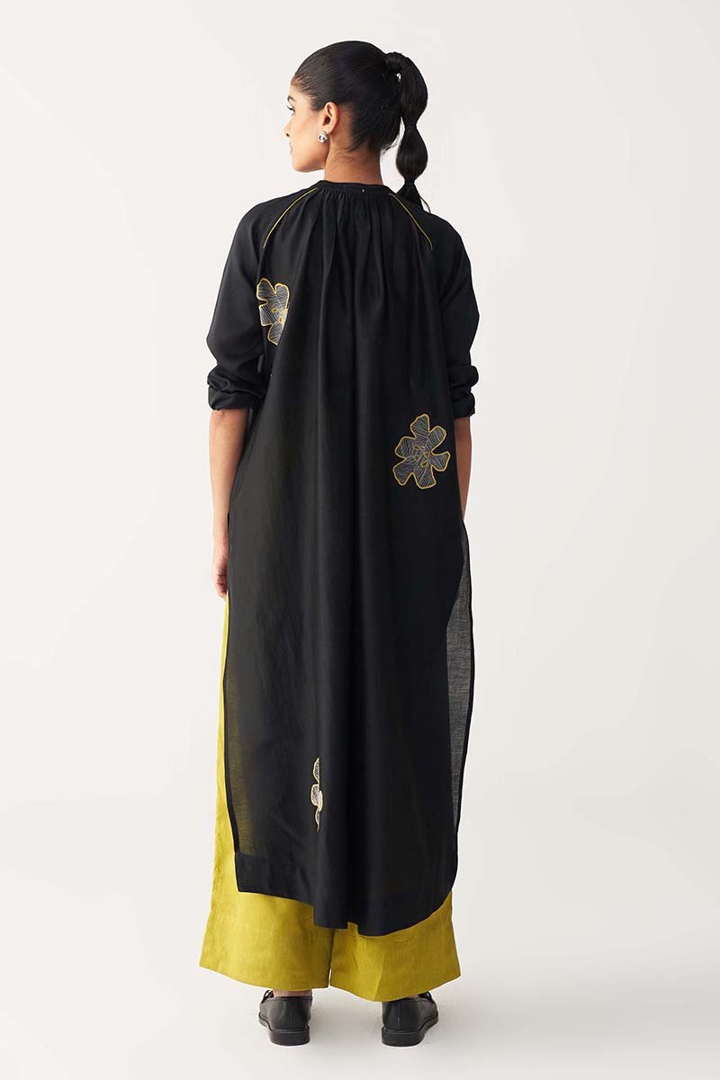 Floral Emb. Gather Neck Shirt - Three Clothing