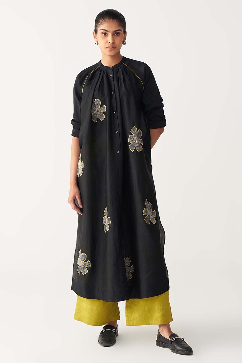 Floral Emb. Gather Neck Shirt - Three Clothing