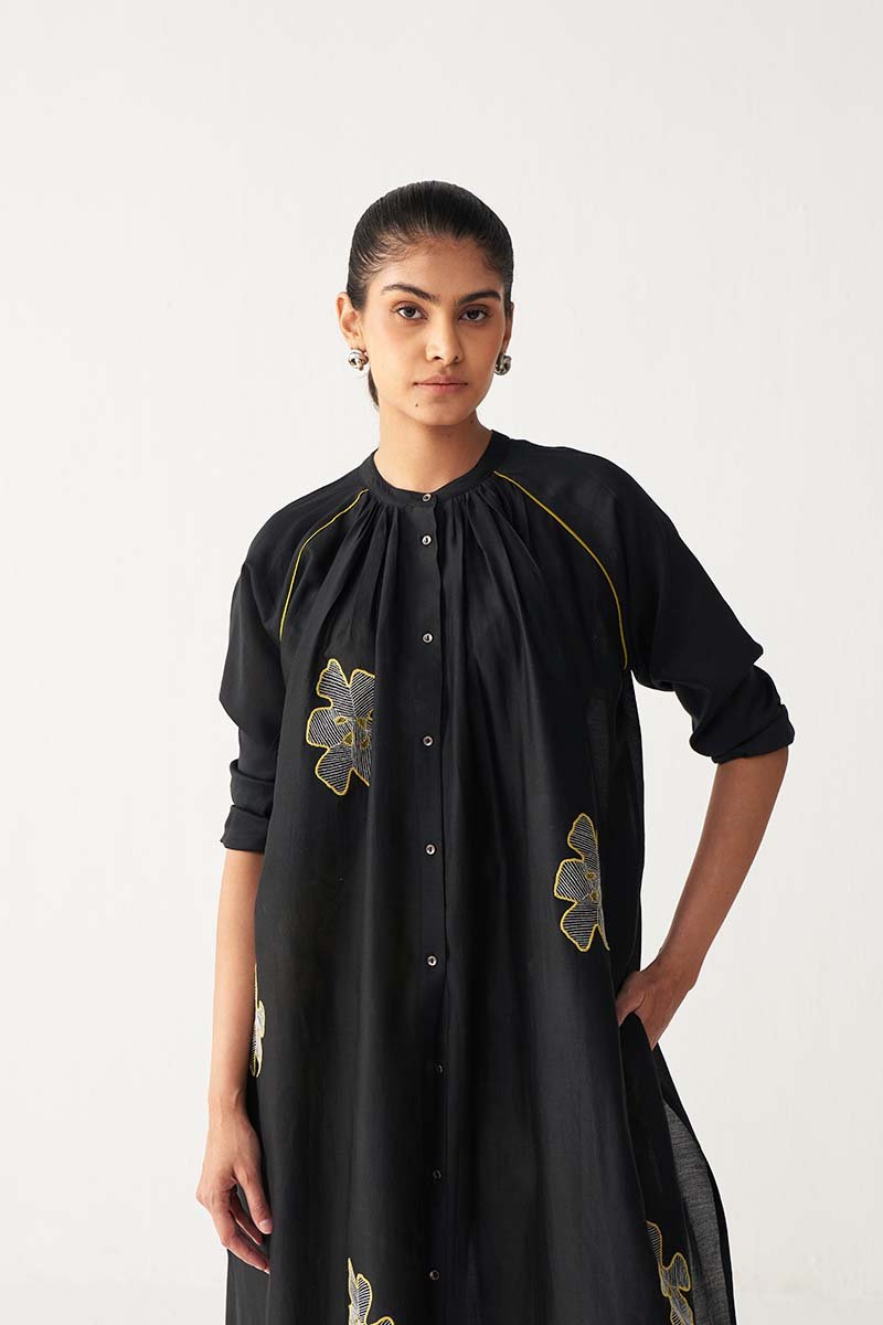 Floral Emb. Gather Neck Shirt - Three Clothing