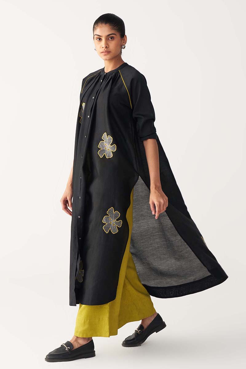 Floral Emb. Gather Neck Shirt - Three Clothing