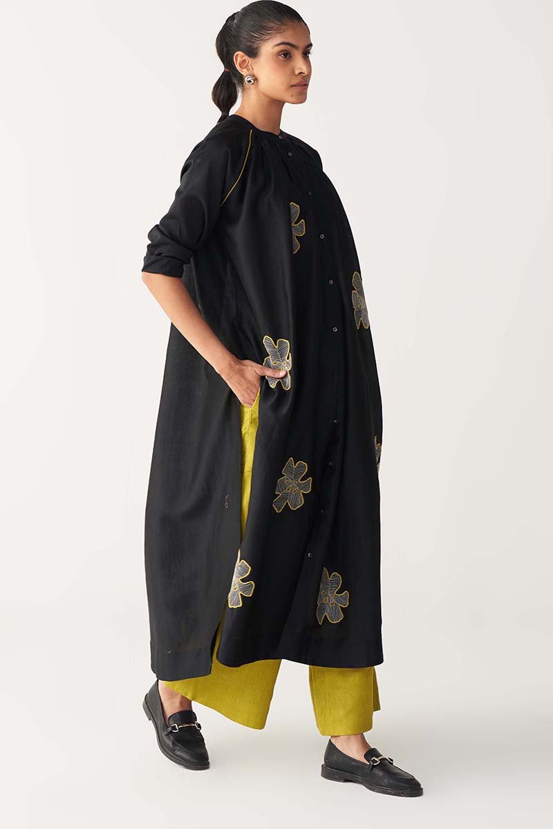 Floral Emb. Gather Neck Shirt Co - Ord - Three Clothing