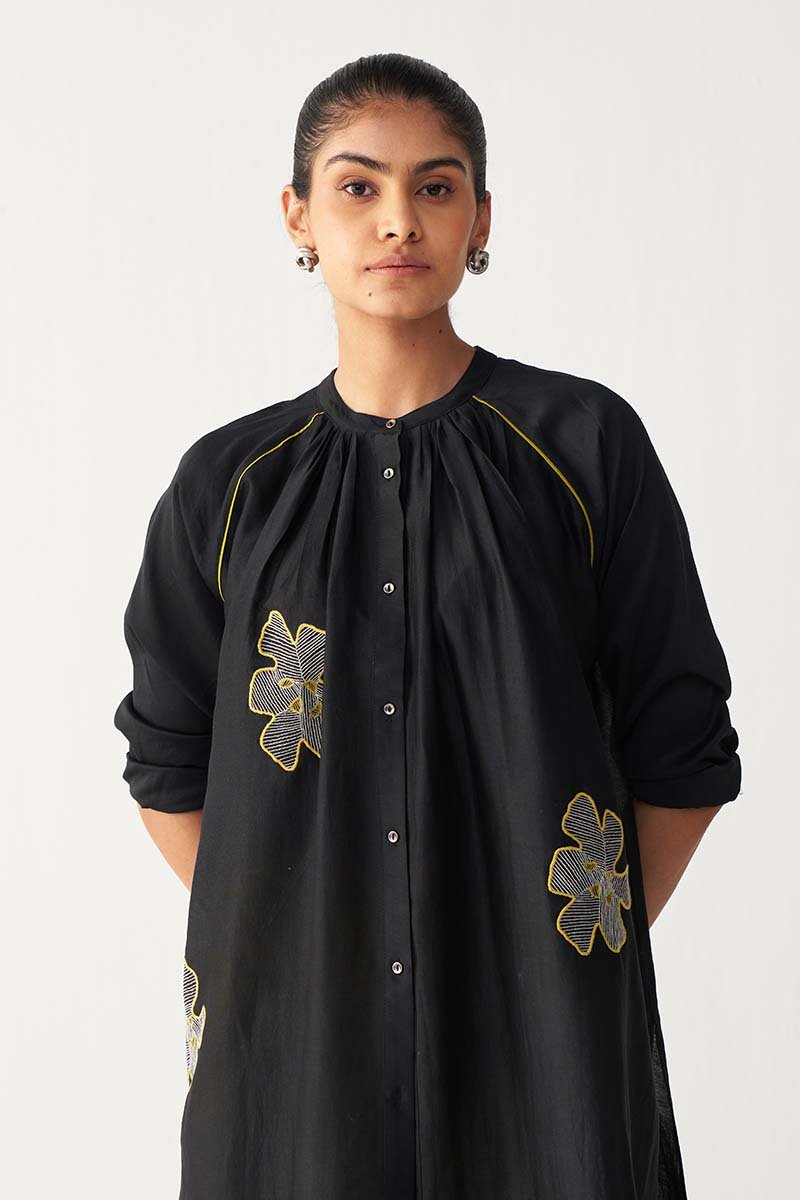 Floral Emb. Gather Neck Shirt Co - Ord - Three Clothing