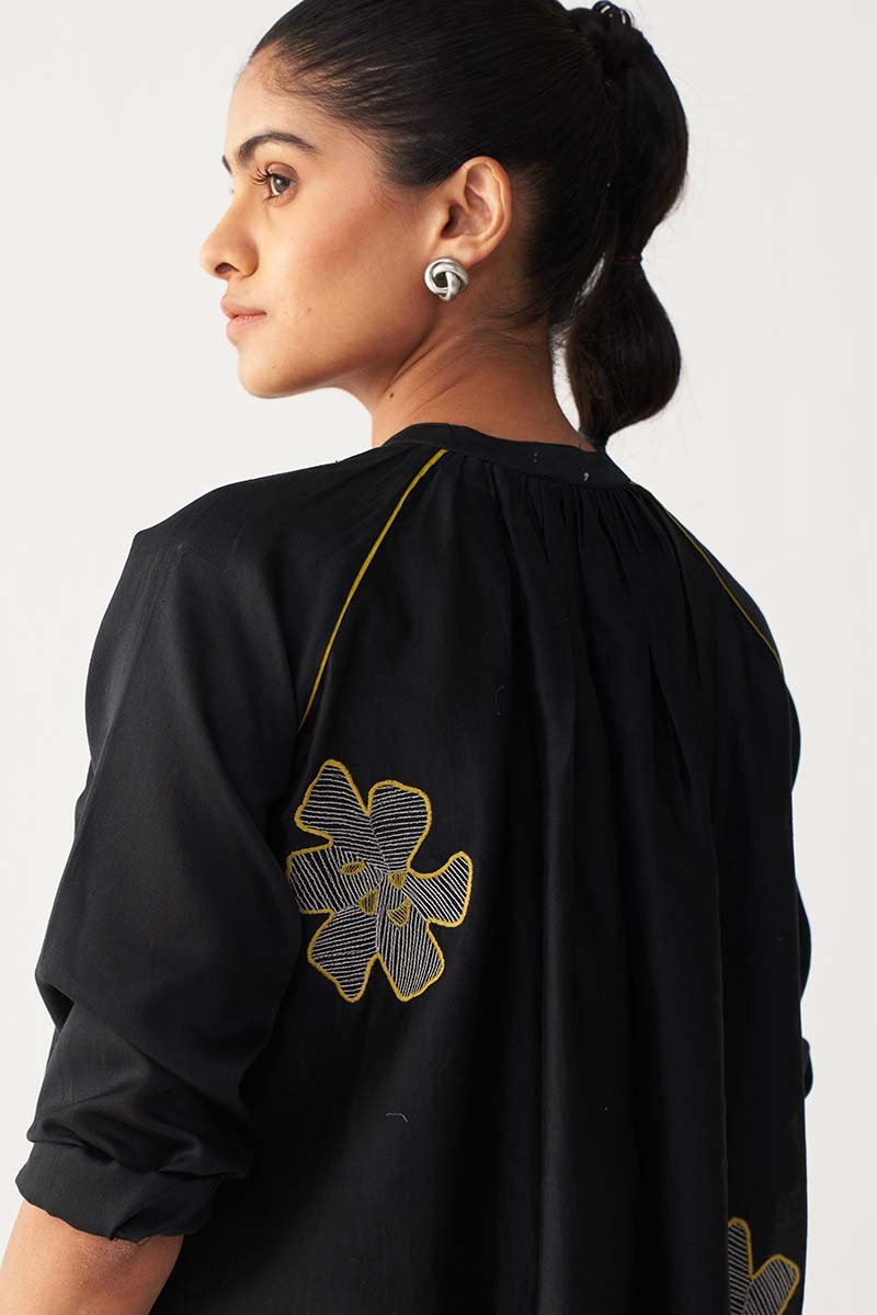 Floral Emb. Gather Neck Shirt Co - Ord - Three Clothing