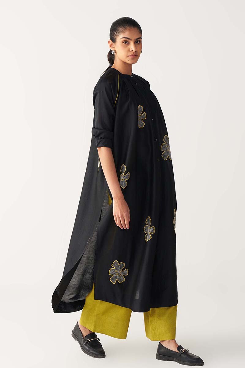 Floral Emb. Gather Neck Shirt Co - Ord - Three Clothing