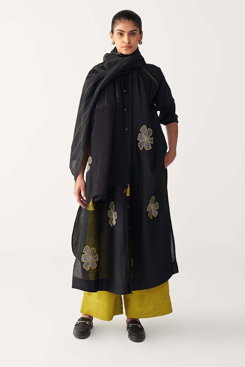 Floral Emb. Gather Neck Shirt Co - Ord (Set Of 3) - Three Clothing