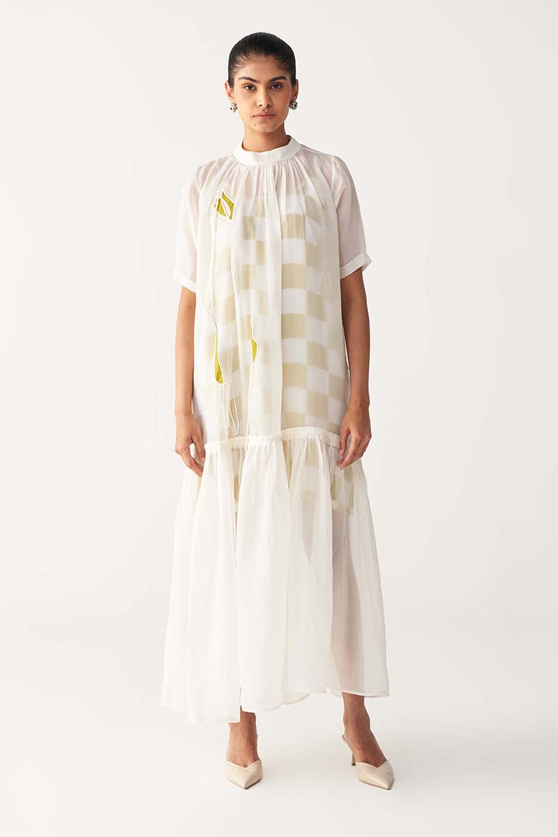 Sheer Bottom Frill Dress - Lime Check - Three Clothing