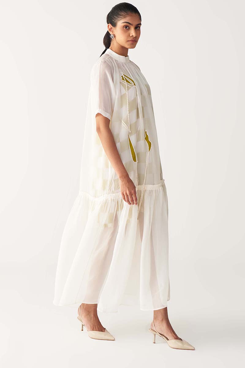 Sheer Bottom Frill Dress - Lime Check - Three Clothing