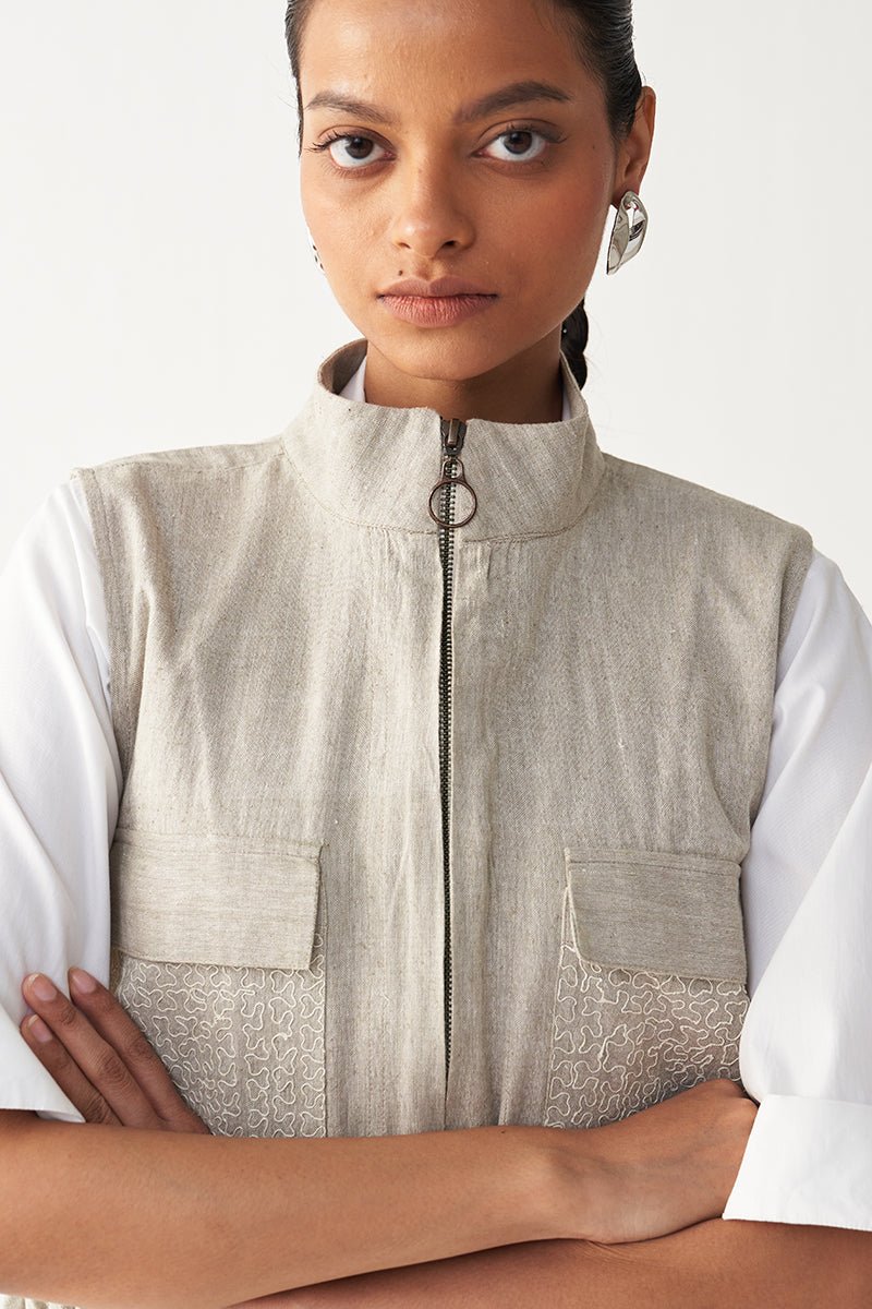 Sleeveless Emb. Pocket Bomber - Three Clothing