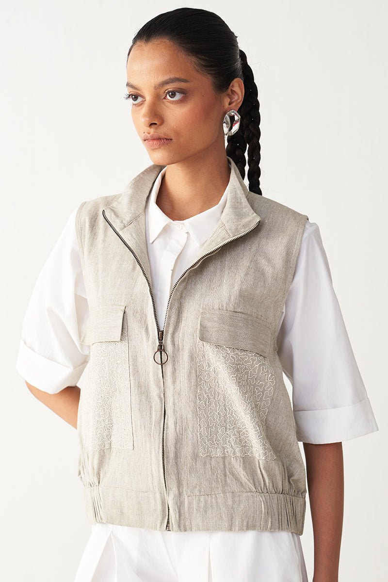 Sleeveless Emb. Pocket Bomber - Three Clothing