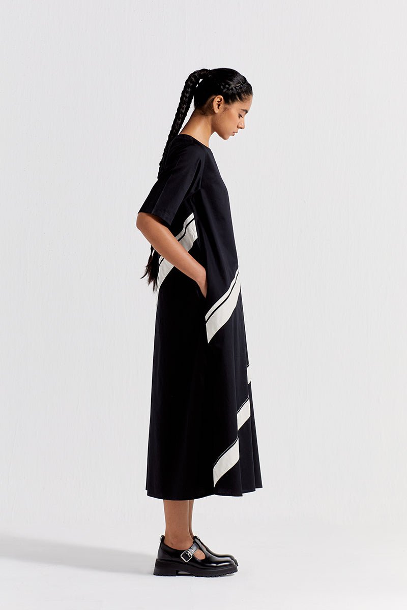 Applique Stripe Dress - Black - Three