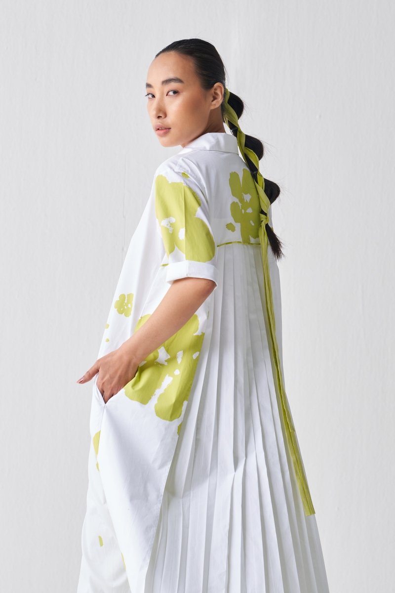 Back Pleat Floral Dress - Lime Print - Three