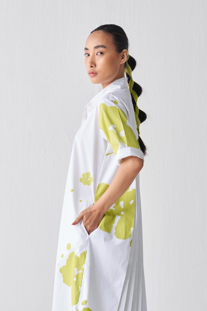 Back Pleat Floral Dress - Lime Print - Three