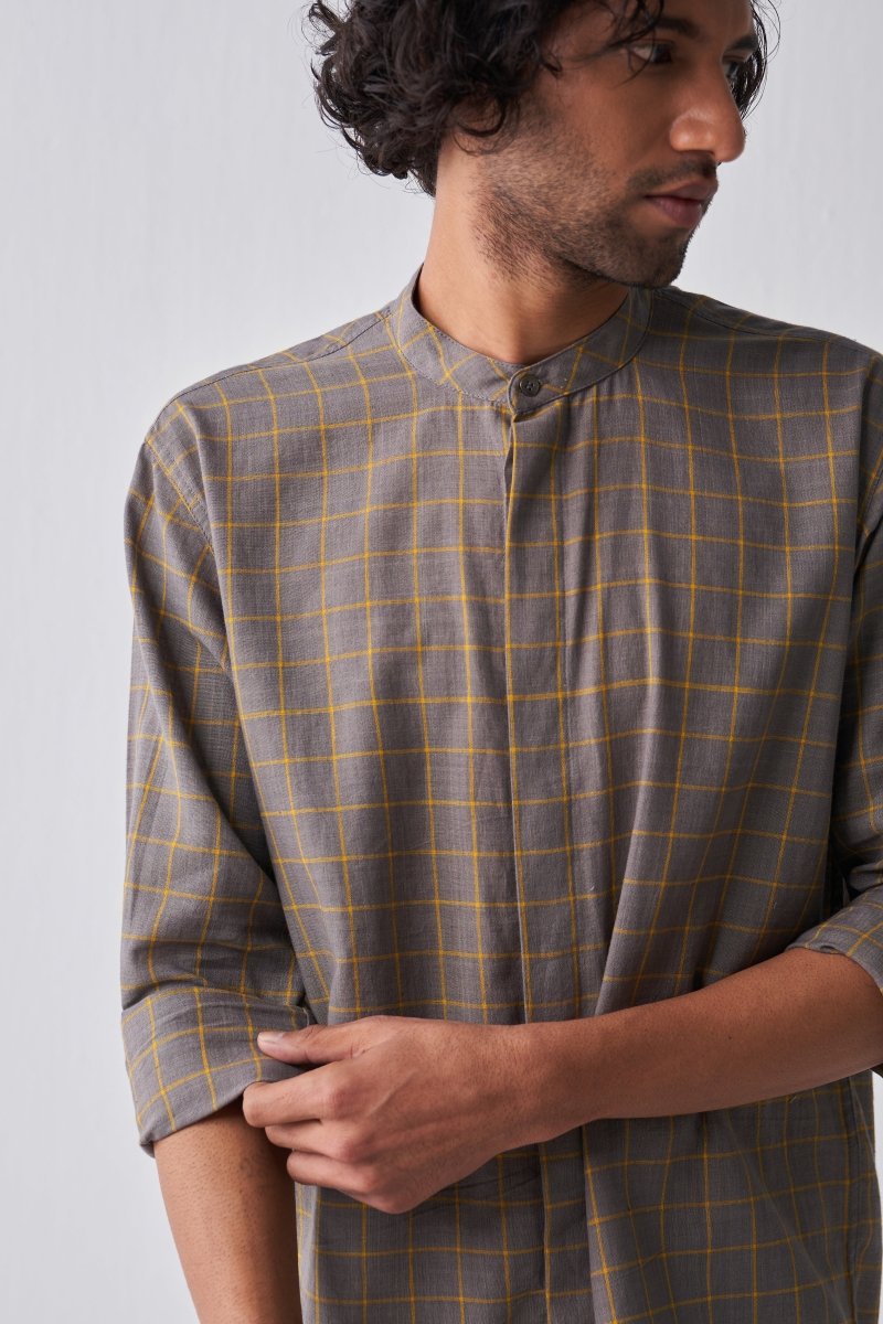 Band Collar Shirt - Charcoal Check - Three
