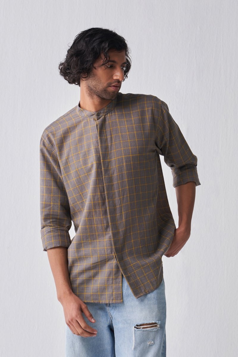 Band Collar Shirt - Charcoal Check - Three
