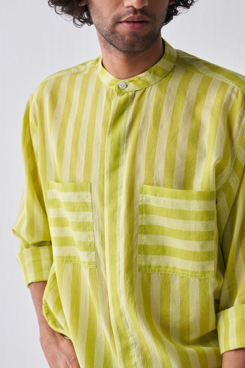 Band Collar Shirt - Lime stripe - Three
