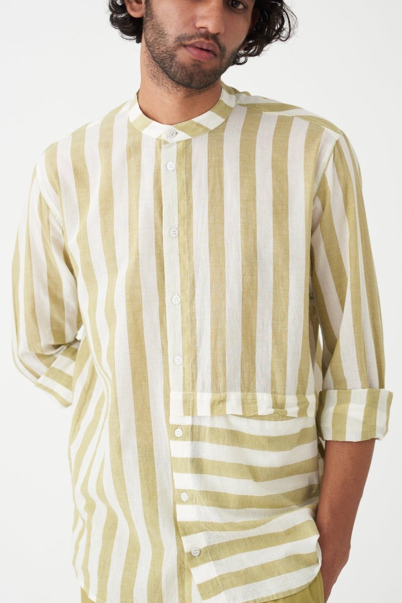Band Collar Shirt - Moss Green Stripe - Three