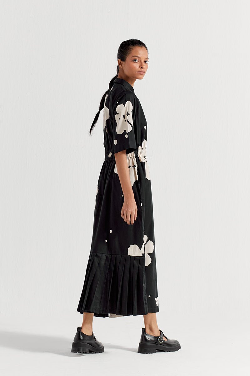 Collard Side Elastic Waist Dress - Black Floral - Three