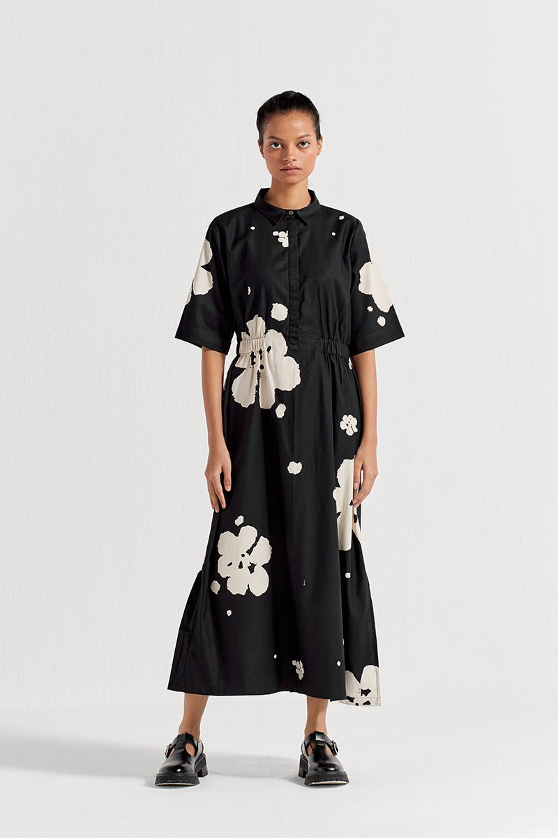 Collard Side Elastic Waist Dress - Black Floral - Three