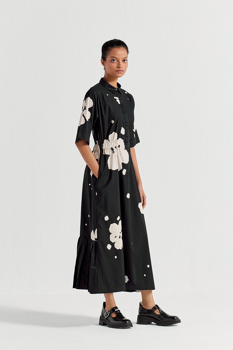 Collard Side Elastic Waist Dress - Black Floral - Three