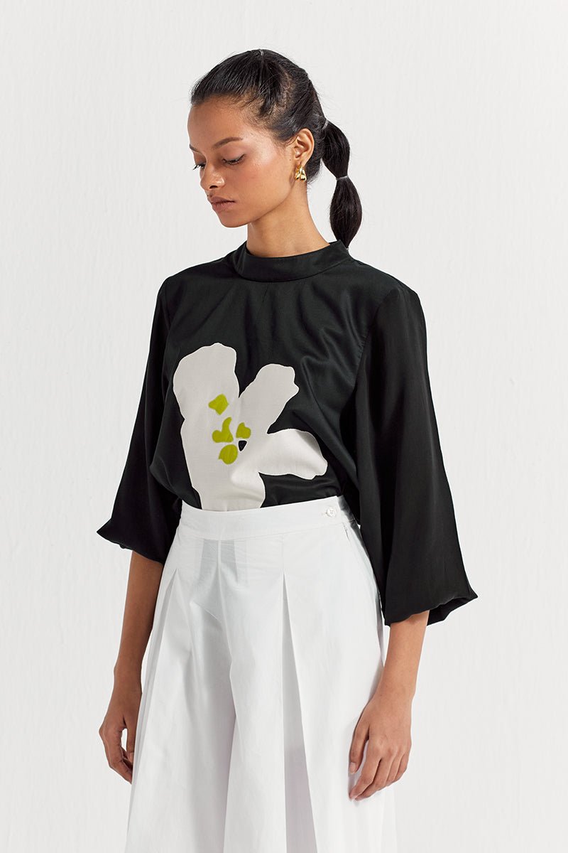 Floral Applique Top Co-ord (Set of 2 ) - Black - Three