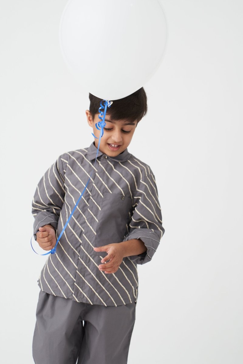 Linear Embroidered Shirt Co-ord - Grey - Three