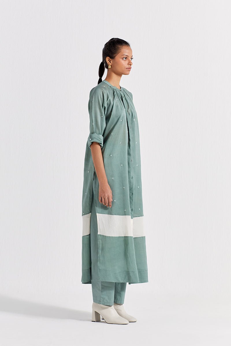 Panel Gather Neck Shirt Co-ord (set of 2) - Jade - Three