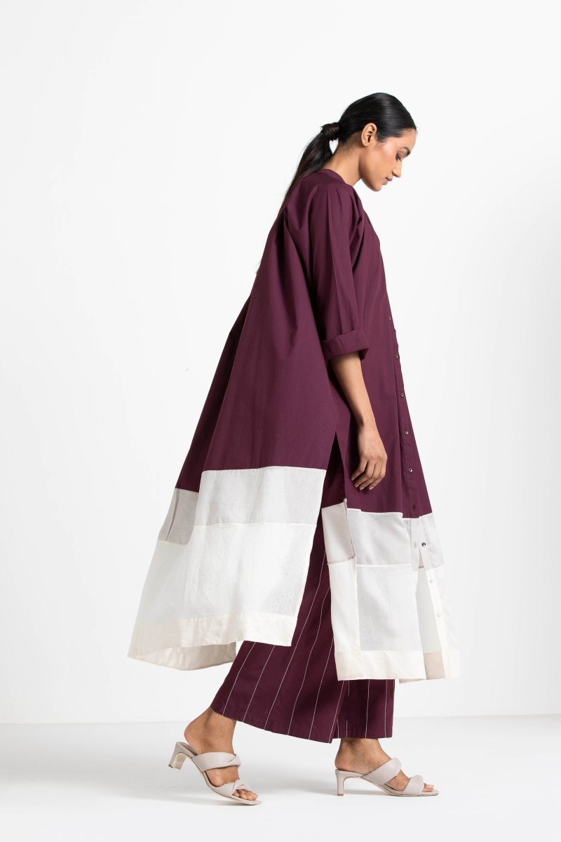 Panel Gather Neck Shirt Co-ord Wine (Set of 2) - Three