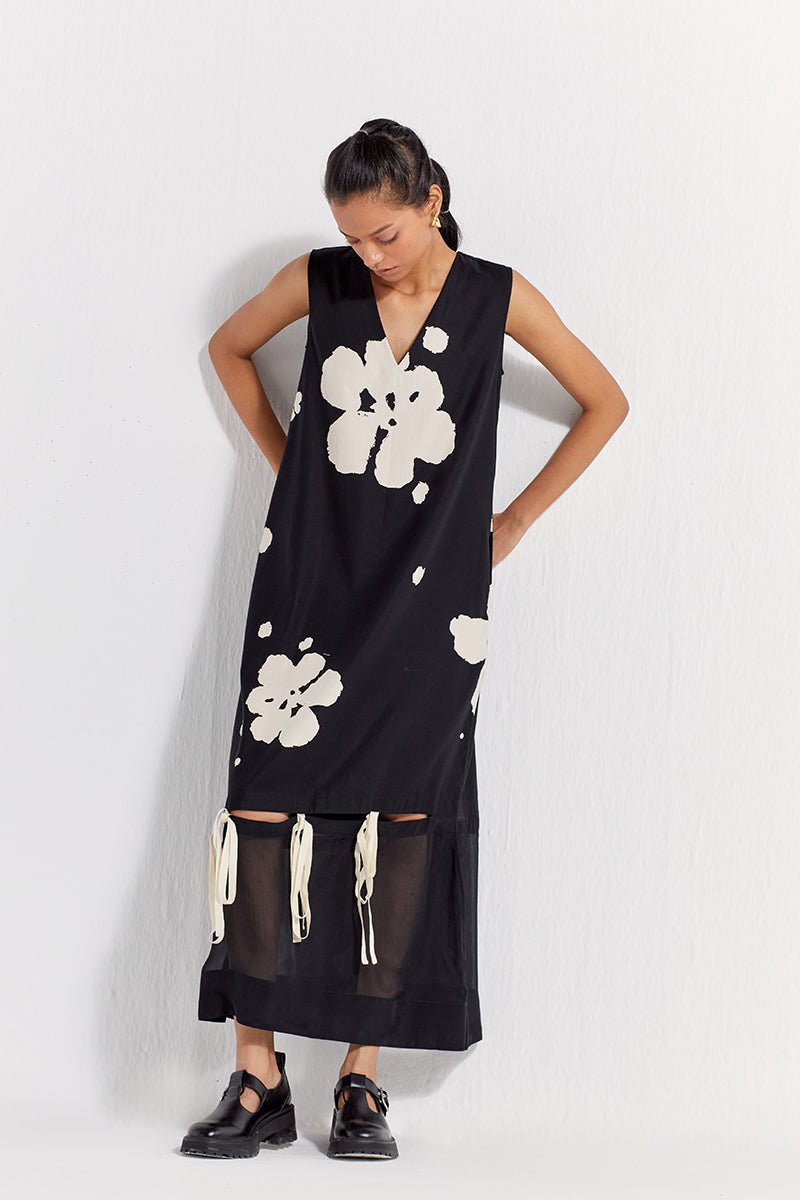 Self-Tie Floral Dress - Black Floral - Three
