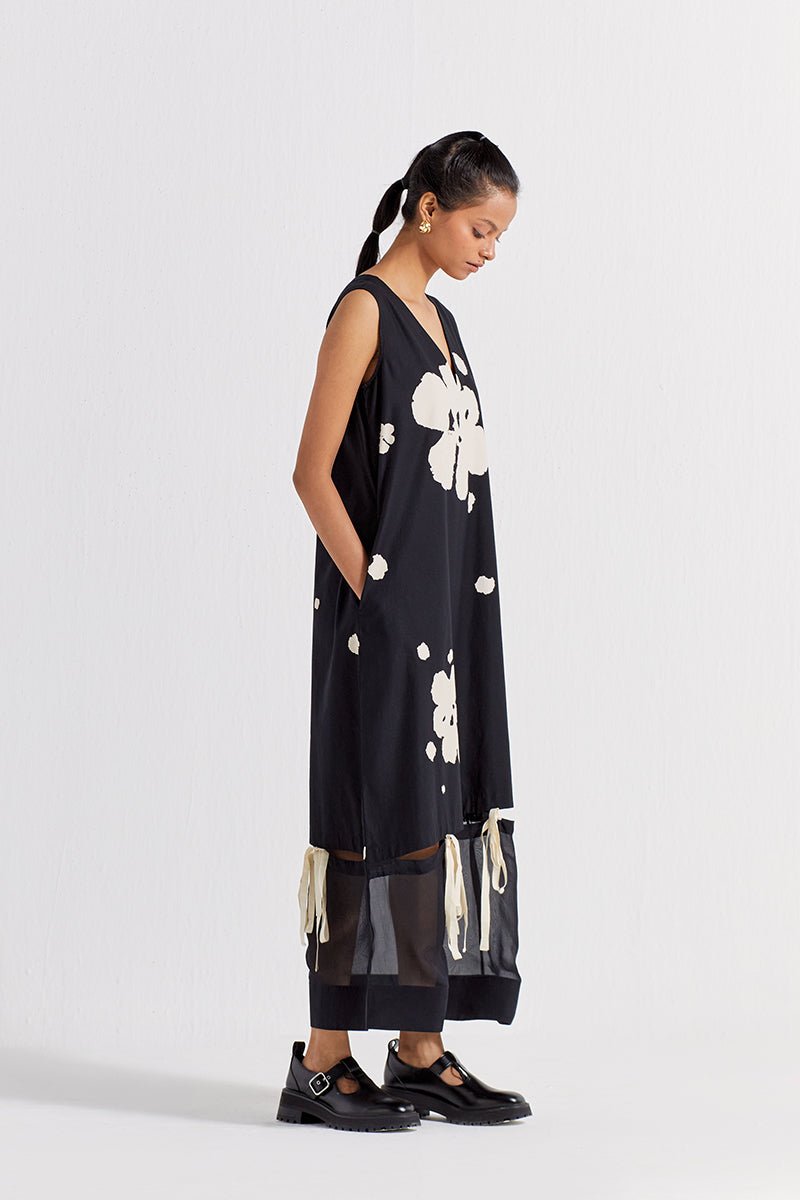 Self-Tie Floral Dress - Black Floral - Three
