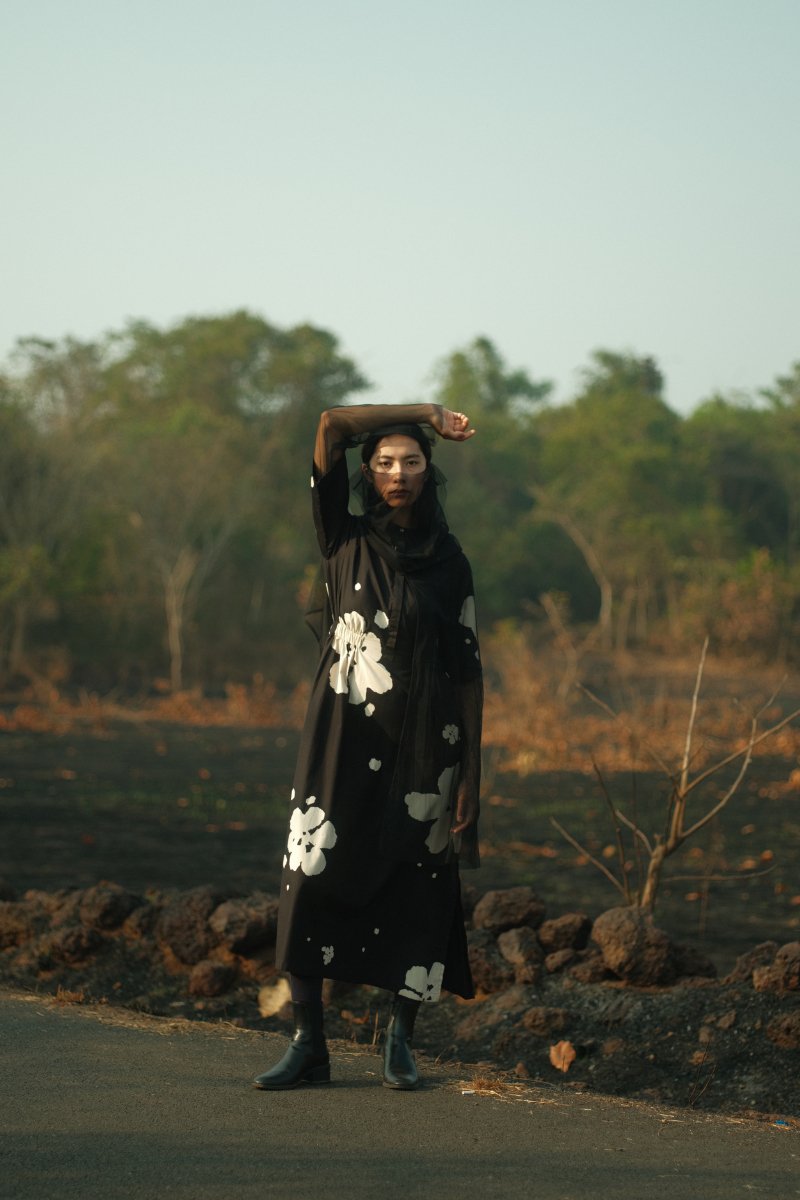 Self-Tie Floral Dress - Black Floral - Three