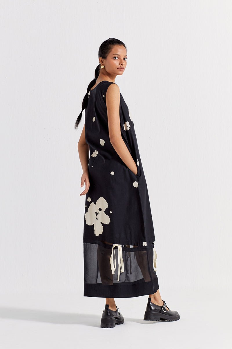 Self-Tie Floral Dress - Black Floral - Three