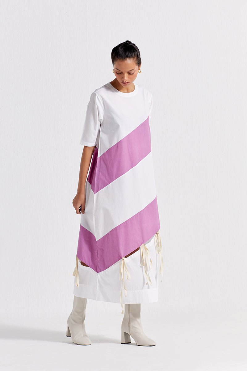 Self Tie Panel Dress - White And Lilac - Three