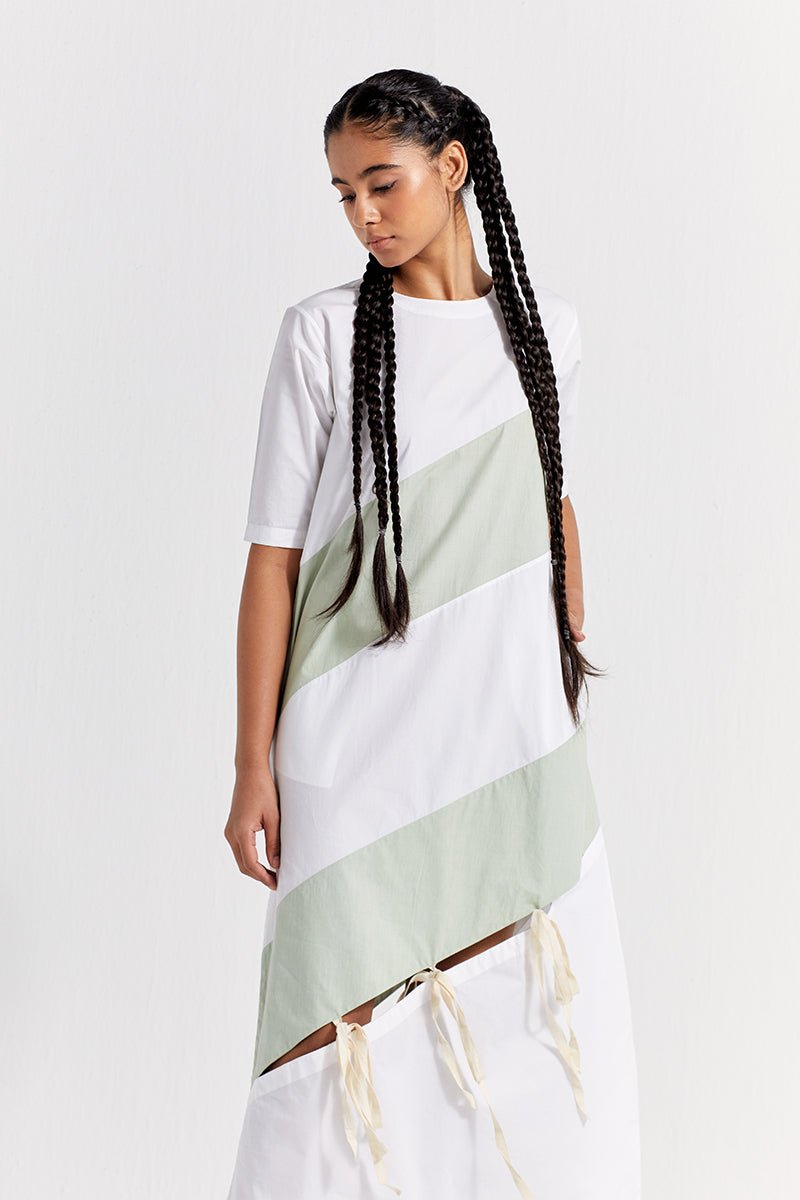 Self Tie Panel Dress - White And Mint - Three