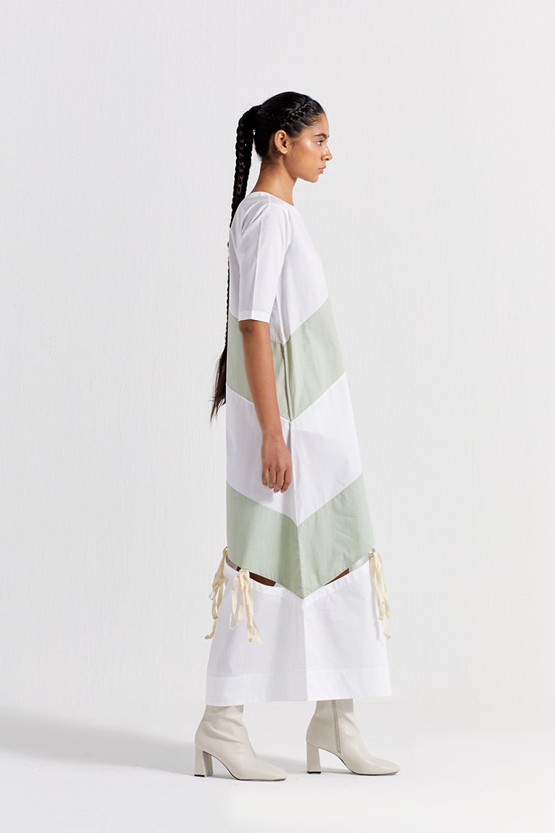 Self Tie Panel Dress - White And Mint - Three