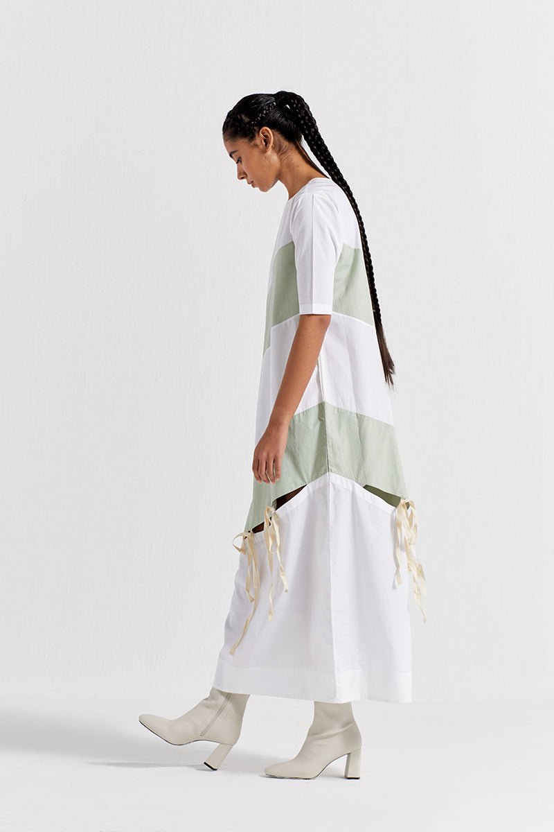 Self Tie Panel Dress - White And Mint - Three