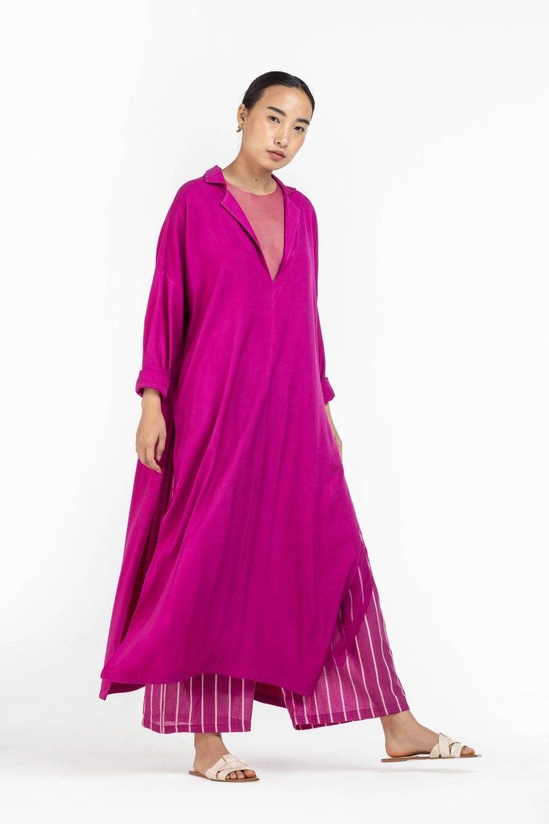 V Neck Tunic with Net Slip Hot Pink - Three
