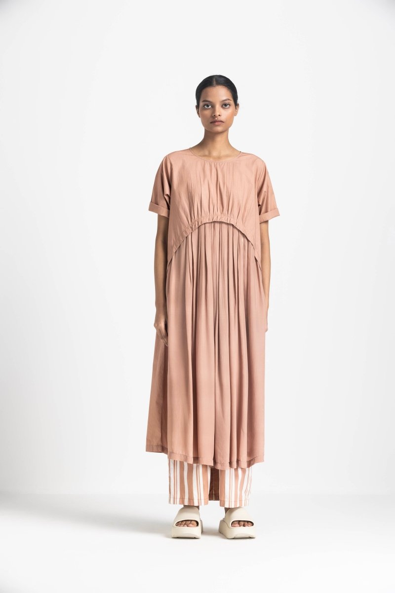 Yoke Gather Dress - Champagne - Three