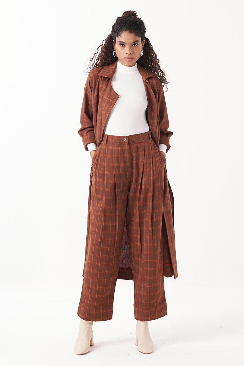 Overlap Kaftan Brown Check Co-Ord (Set Of 2)