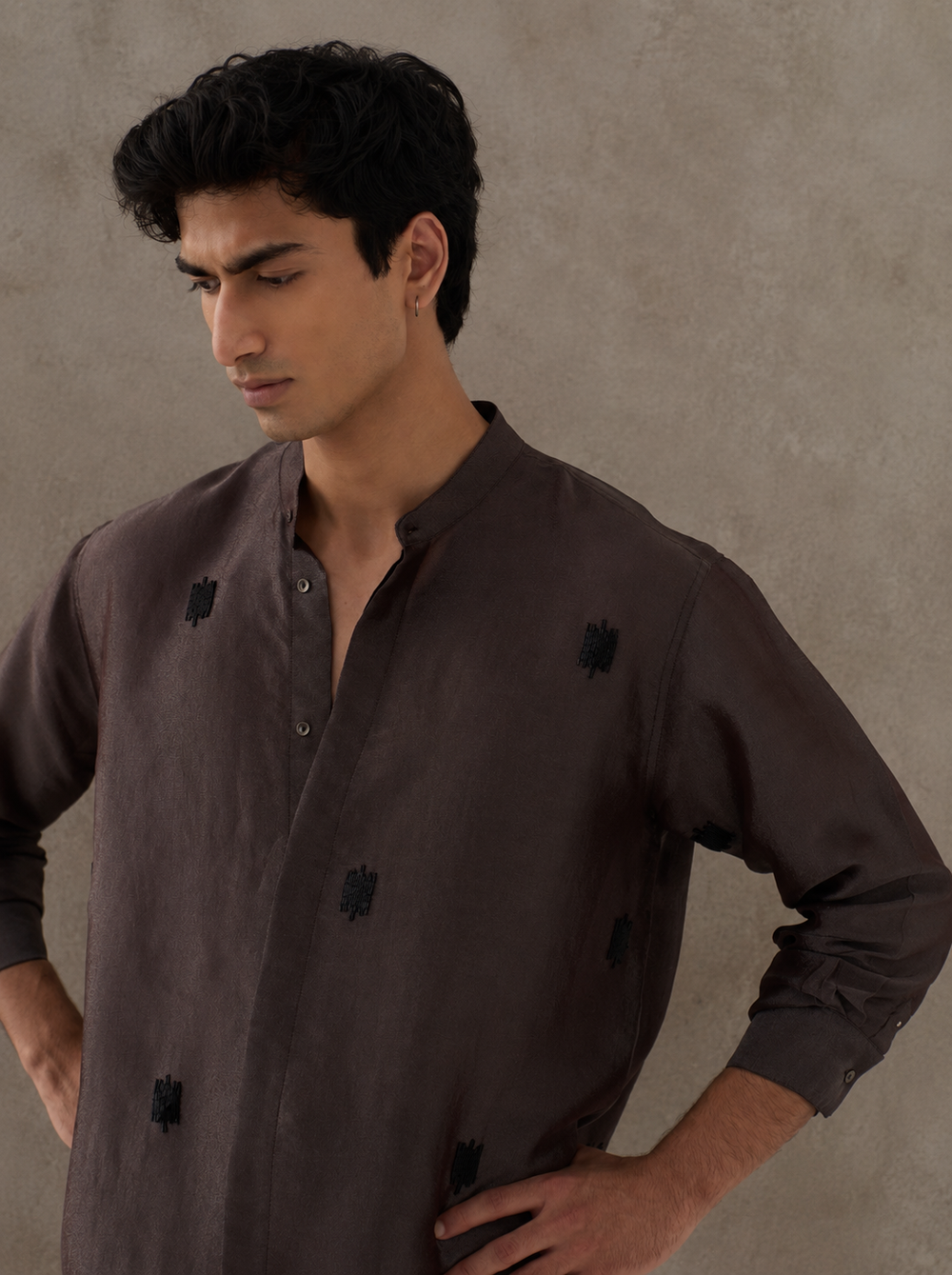 Hand Emb. Detail Band Collar Shirt