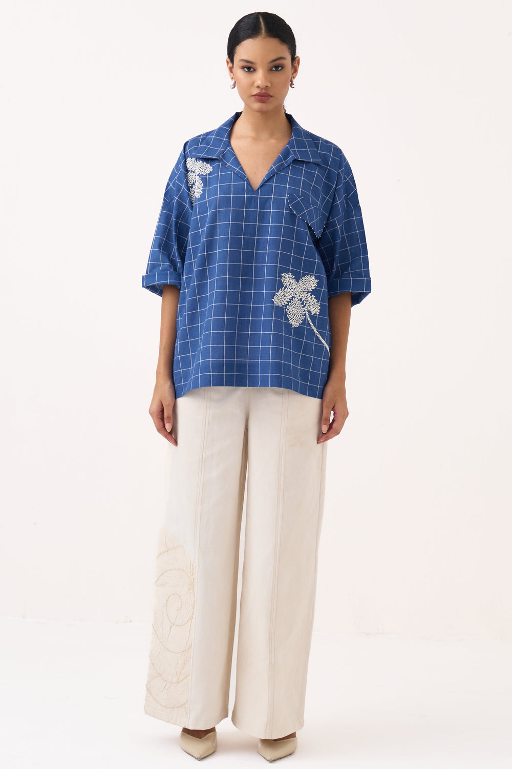 Emb. V Neck Top
