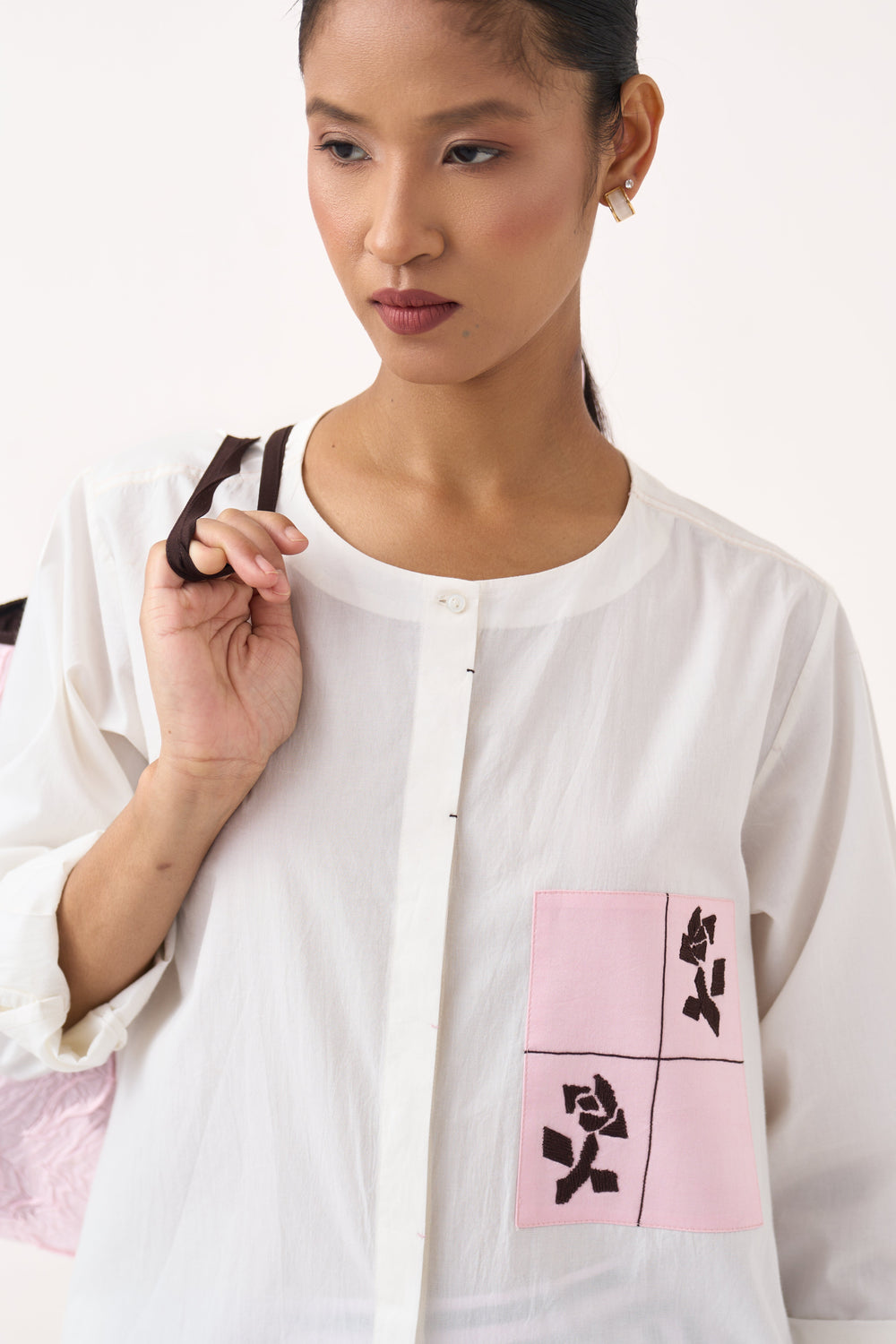 Emb. Patch Asymmetric Hem Shirt
