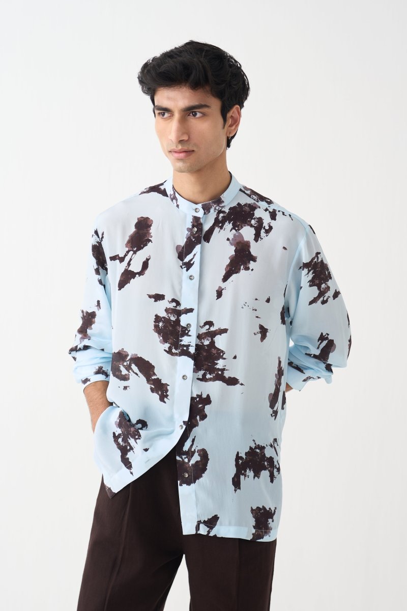 Band Collar Printed Shirt - Three Clothing
