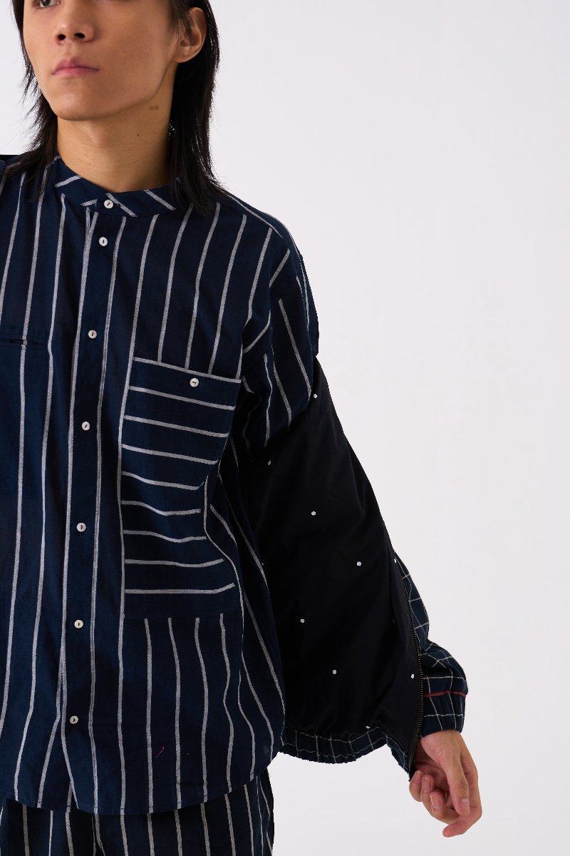 Band Collar Shirt Black Stripe - Three