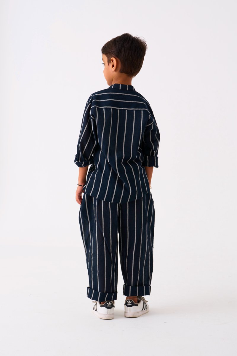 Band Collar Shirt Co - ord - Black Stripe - Three