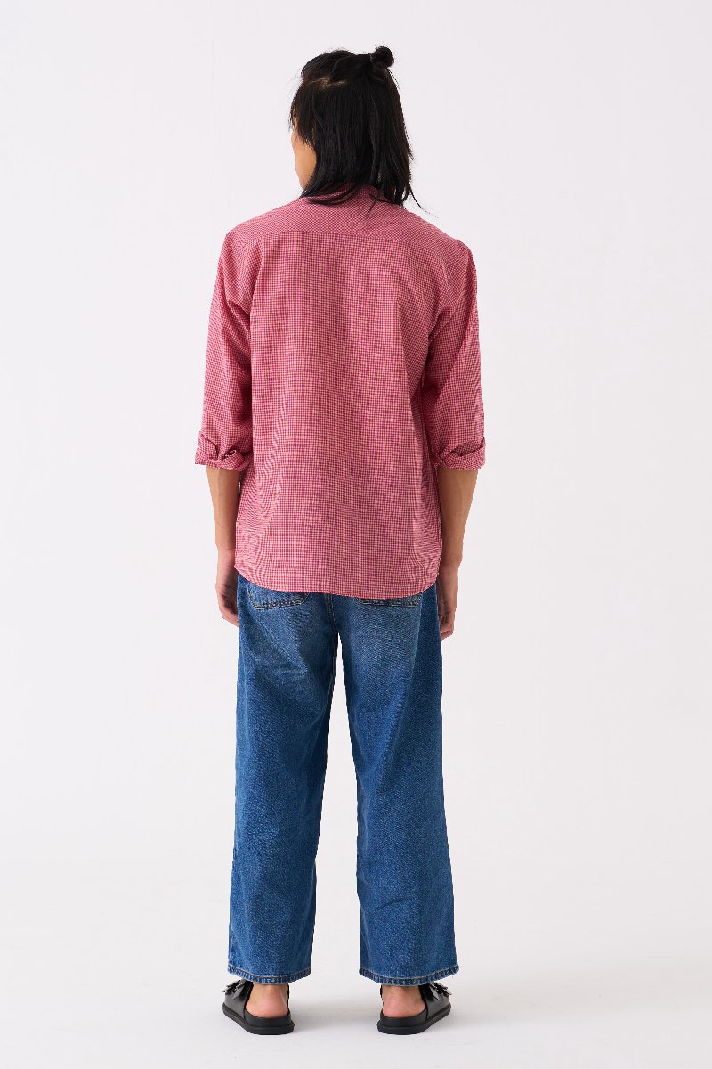 Band Collar Shirt Pink Check - Three