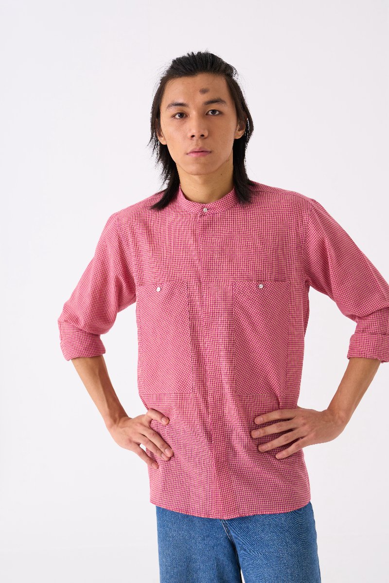 Band Collar Shirt Pink Check - Three