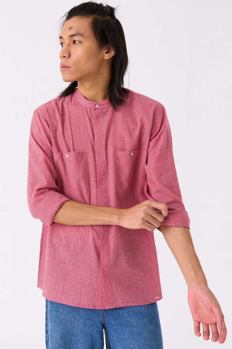 Band Collar Shirt Pink Check - Three