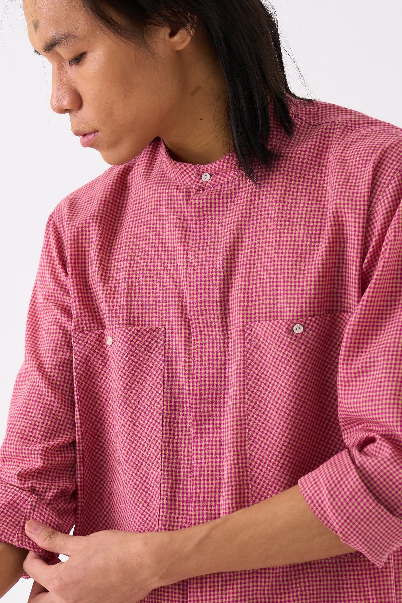 Band Collar Shirt Pink Check - Three