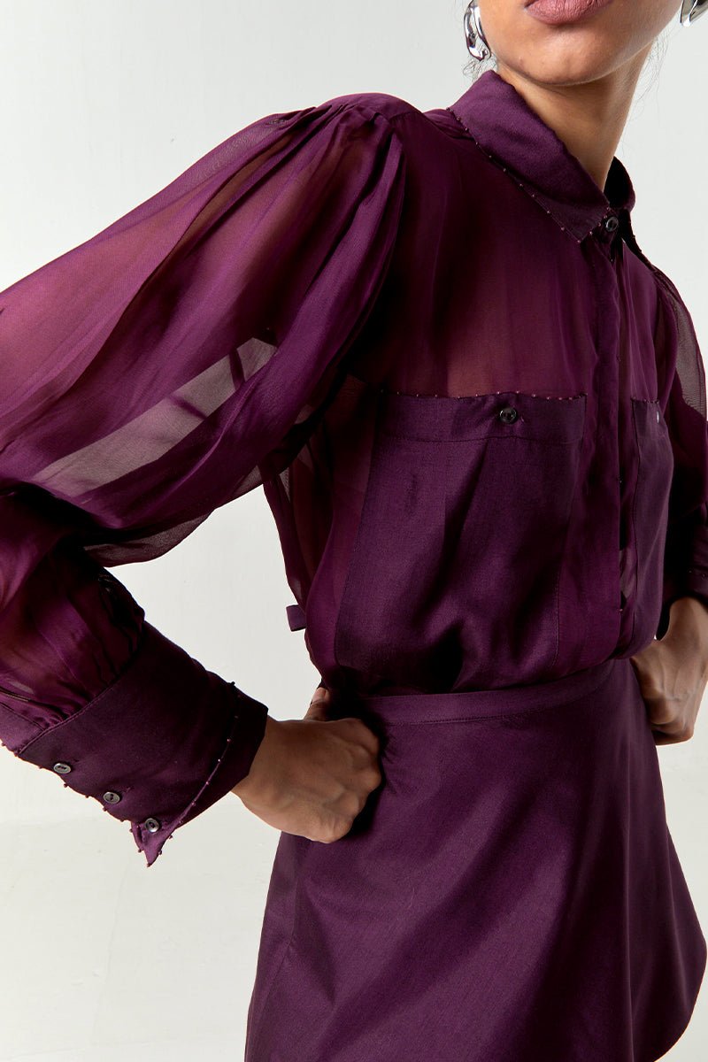 Beaded Collar Sheer Shirt Co - Ord - Three Clothing
